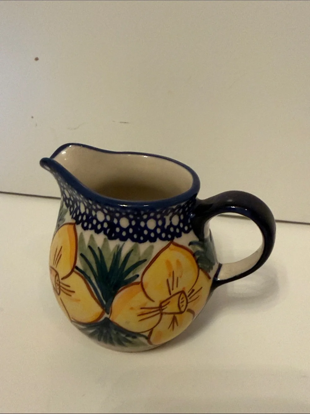 POLISH POTTERY SET SUGAR LID CREAMER TRAY BLUE WHITE GREEN HANDMADE BOLESLAWIEC